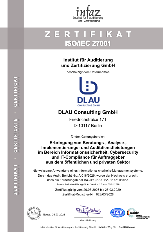 ISO/IEC 27001:2022 certyfikat DLAU Consulting GmbH